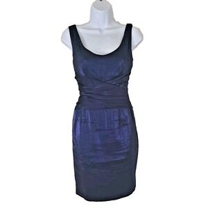 Jones New York Dress 4P Blue Satin Scoop Neck Sleeveless Ruched Waist Back Zip